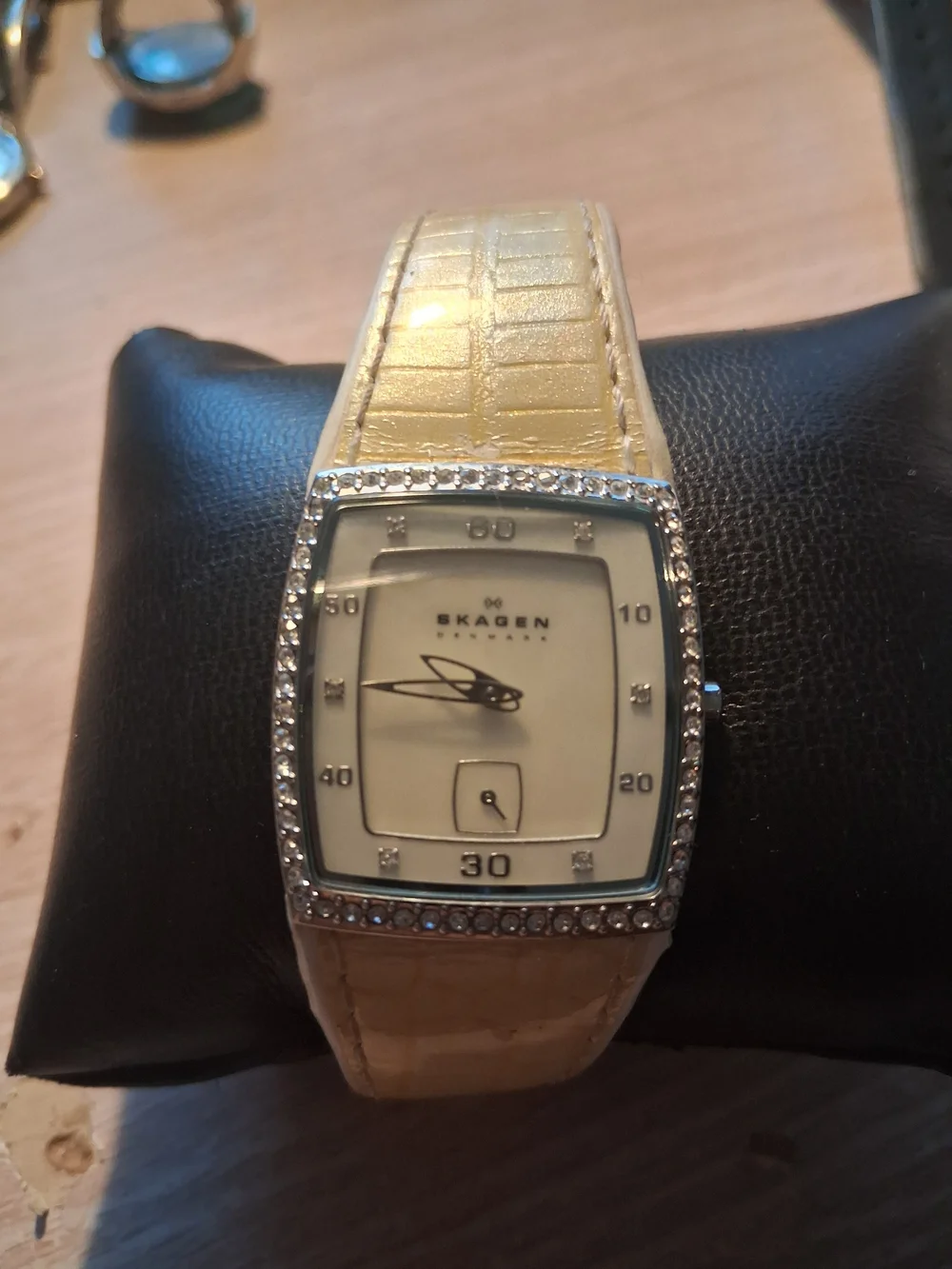 Skagen Silver Crystal-Trim Rectangular Watch with Cream Strap